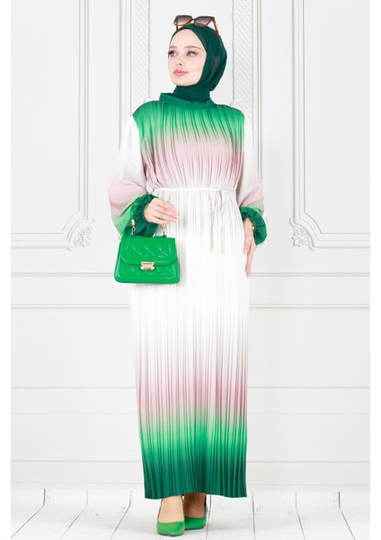 Piliseli Ebruli Tesettür Elbise-Zümrüt Yeşili modelleri