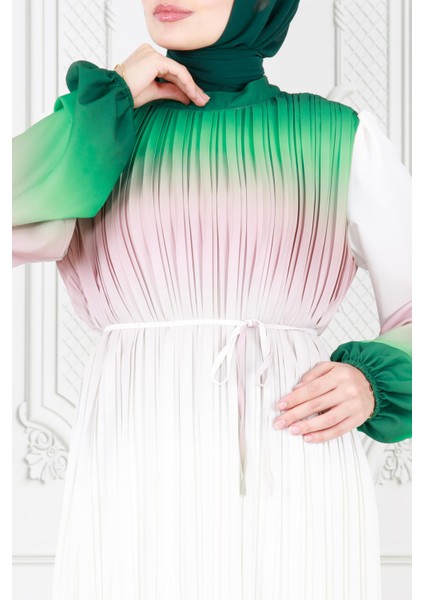 Piliseli Ebruli Tesettür Elbise-Zümrüt Yeşili fırsatları