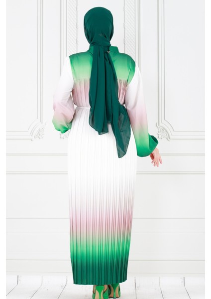 Piliseli Ebruli Tesettür Elbise-Zümrüt Yeşili indirimleri