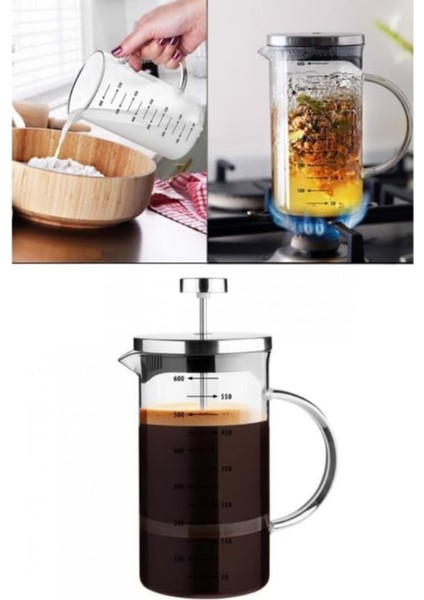 3’ü 1 Arada French Press Demlik Ölçü Kabı 700 ml