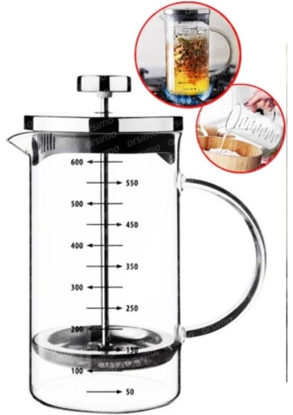 3’ü 1 Arada French Press Demlik Ölçü Kabı 700 ml
