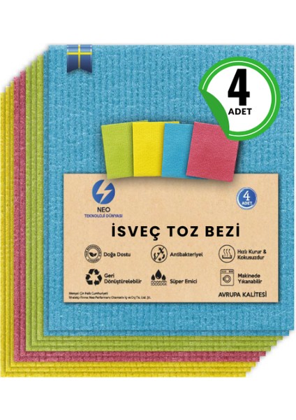 Isveç Toz Bezi Selüloz Çizmez, Toz Tutar, Dayanıklı, Çevre Dostu 4'lü Paket Sihirli Bez Neo