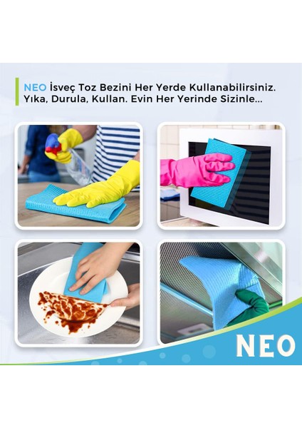 Isveç Toz Bezi Selüloz Çizmez, Toz Tutar, Dayanıklı, Çevre Dostu 4'lü Paket Sihirli Bez Neo