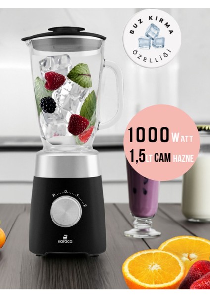 Shake, Milkshake, Sebze Suları Buz Kırıcı 1,5 Lt Cam Sürahi Hazneli Pulse Özellikli Smoothie Blender 1000W