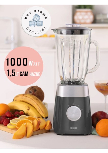 Shake, Milkshake, Sebze Suları Buz Kırıcı 1,5 Lt Cam Sürahi Hazneli Pulse Özellikli Smoothie Blender 1000W