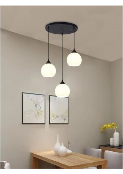 Retro,rustik,vingate Opal Camlı 3XE27 Duylu Metal Gövde Sarkıt Avize Taban ÇAPI.30CM