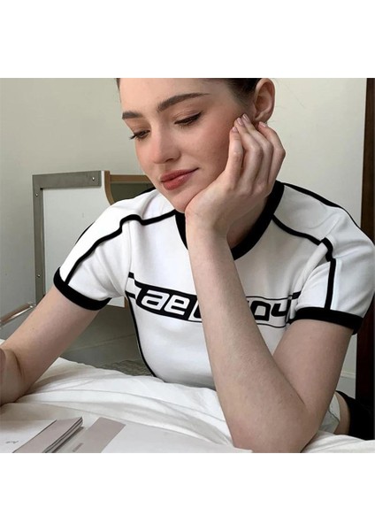 Retro Tişört Kısa Kollu Siyah Beyaz Crop Y2K Harajuku Slim Retro T-Shirt Short Sleeve fiyatları