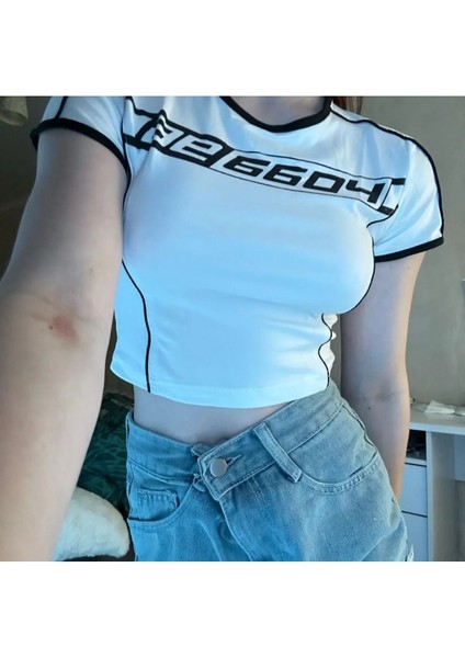 Retro Tişört Kısa Kollu Siyah Beyaz Crop Y2K Harajuku Slim Retro T-Shirt Short Sleeve