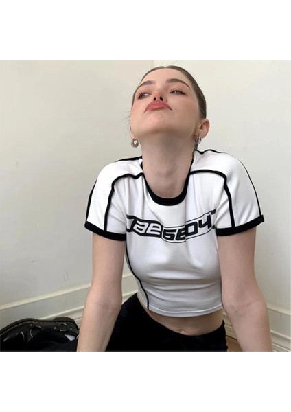 Retro Tişört Kısa Kollu Siyah Beyaz Crop Y2K Harajuku Slim Retro T-Shirt Short Sleeve fırsatları