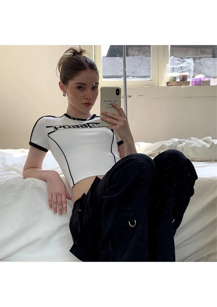 Retro Tişört Kısa Kollu Siyah Beyaz Crop Y2K Harajuku Slim Retro T-Shirt Short Sleeve indirimleri