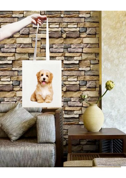 Tüylü Köpek Baskılı Pamuklu Ham Bez Çanta 35X40 cm