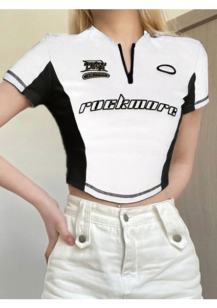 Fermuarlı Kısa Kol Rockmore Baskılı Kadın Beyaz Crop T-Shirt fiyatları