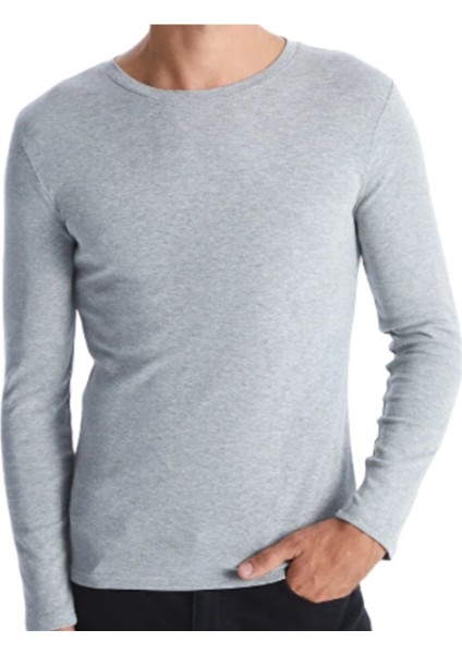 Erkek Uzun Kol Bisiklet Yaka Slimfit Likralı Düz Tişört Gri