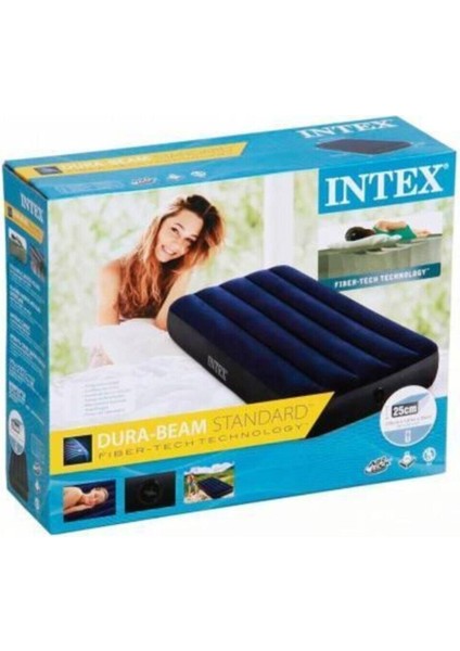 Tek Kişilik Intex Dura-Beam Tek Kişilik Ev Kamp Şişme Yatak Lacivert + Şişirme Pompası - 64757 Pomp