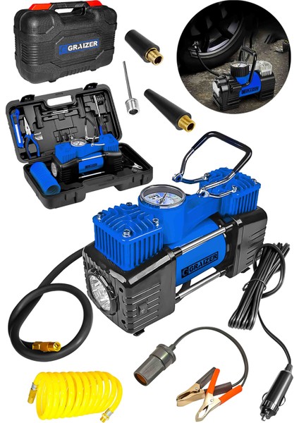 Alman Profesyonel 12V Çift Pistonlu 150 Psi Işıklı Araç Araba Lastik Bot Şişirme Kompresörü Full Set