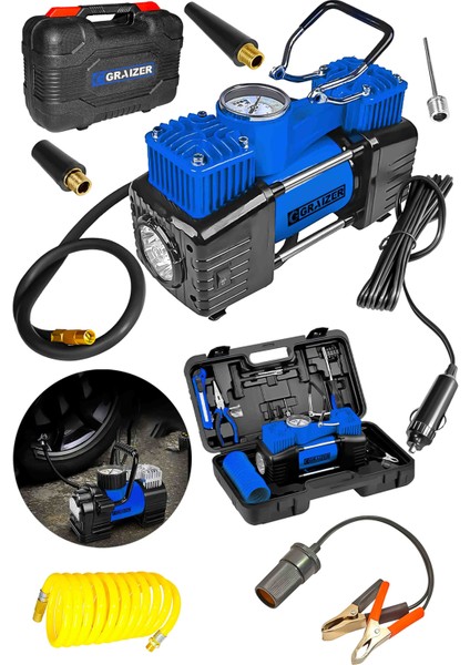 Alman Profesyonel 12V Çift Pistonlu 150 Psi Işıklı Araç Araba Lastik Bot Şişirme Kompresörü Full Set