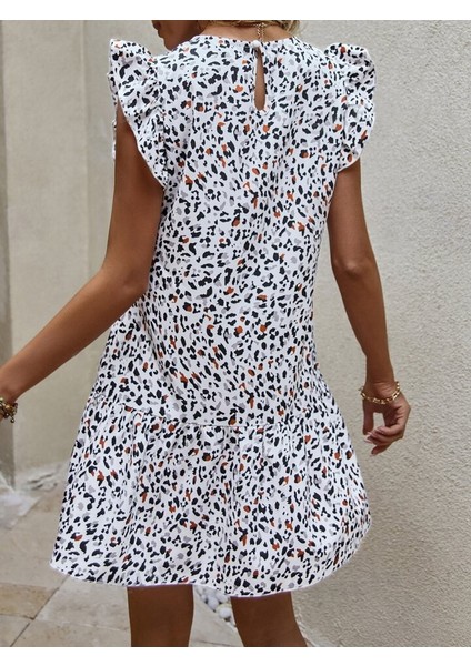 Kadın Kısa Kollu Bisiklet Yaka Etek Ucu Volanlı Kısa Dokuma Elbise modelleri