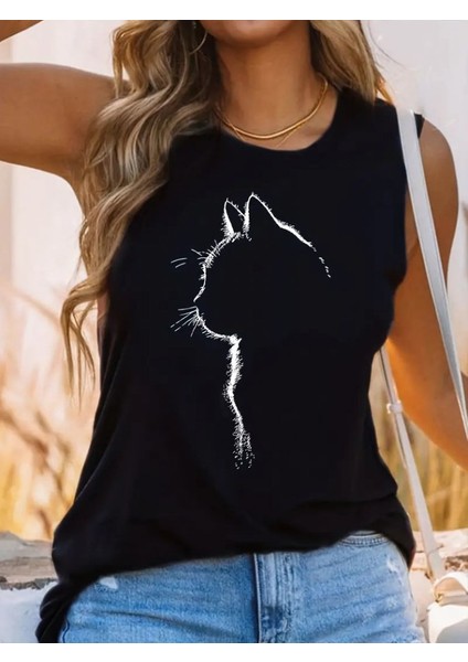 Kadın Kolsuz Kedi Silüeti Baskılı Viskon Bluz