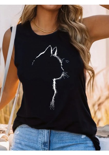 Kadın Kolsuz Kedi Silüeti Baskılı Viskon Bluz