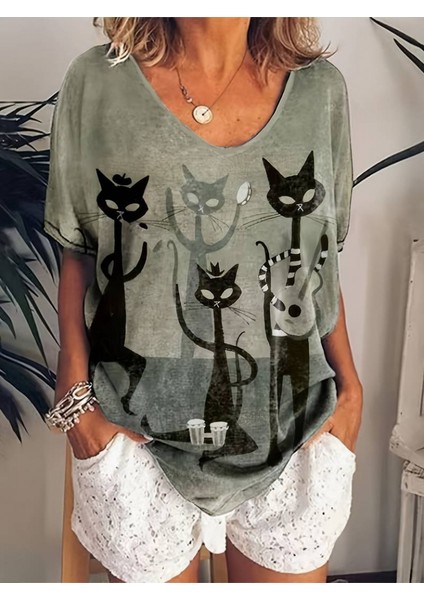 Kadın Kısa Kollu V Yakalı Kedi Baskılı Salaş Süprem Bluz modelleri