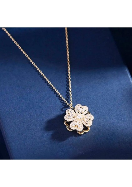 Gold Zirkon Taşlı Hareketli Dönen Yonca Kolye
