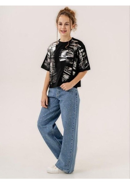 Kız Çocuk Bol Paça Taşlı Denim Pantolon