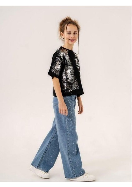 Kız Çocuk Bol Paça Taşlı Denim Pantolon