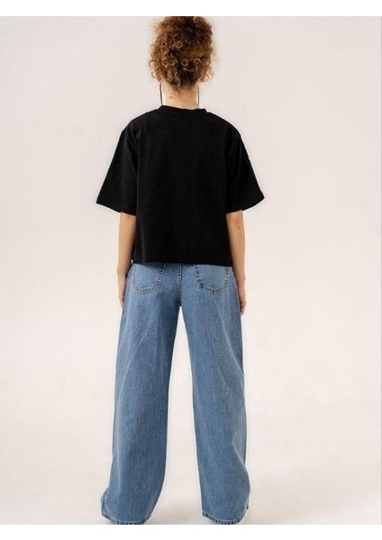 Kız Çocuk Bol Paça Taşlı Denim Pantolon