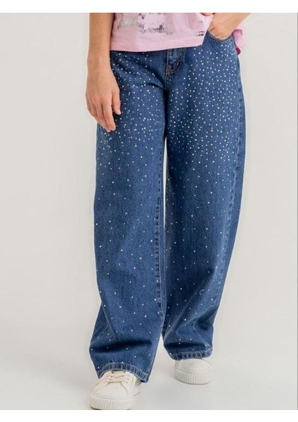 Kız Çocuk Bol Paça Taşlı Denim Pantolon