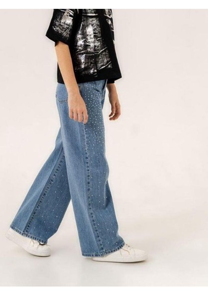 Kız Çocuk Bol Paça Taşlı Denim Pantolon