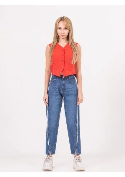 Kız Çocuk Ara Püsküllü Denim Mom Jean Pantolon fiyatları