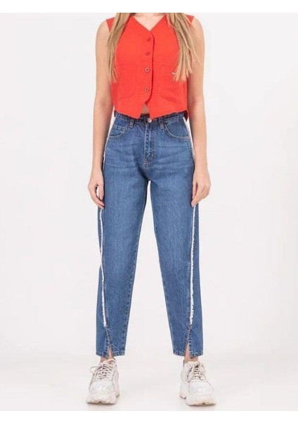 Kız Çocuk Ara Püsküllü Denim Mom Jean Pantolon modelleri