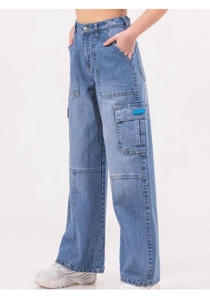 Kız Çocuk Denim Kargo Bol Paça Pantolon