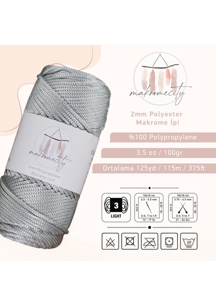 Premium 100 gr Polyester Makrome Ipi Açık Gri 2mm - 120 M Supla Ip ve Çanta Ipliği