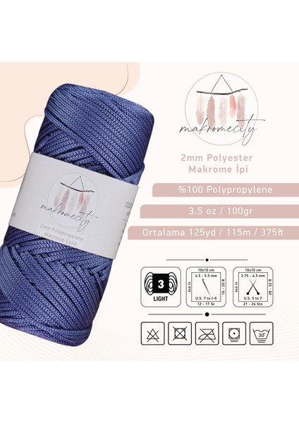 Premium 100 gr Polyester Makrome Ipi Kot Mavisi 2mm - 120 M Supla Ip ve Çanta Ipliği