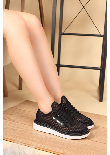 Bağcıklı File Sneakers Spor Ayakkabı SİYAH