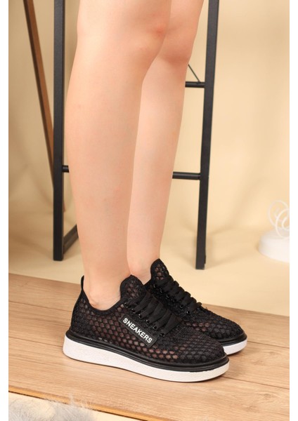 Bağcıklı File Sneakers Spor Ayakkabı SİYAH