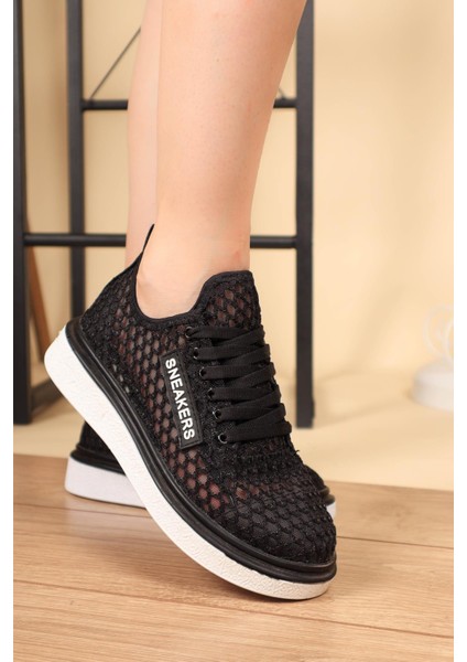 Bağcıklı File Sneakers Spor Ayakkabı SİYAH