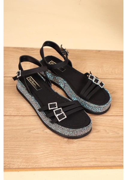 Bilek Bağlı Tabanı Taşlı Sandalet Siyah