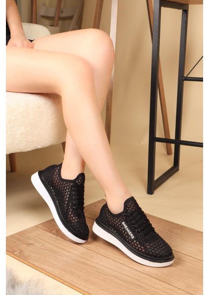 Bağcıklı File Sneakers Spor Ayakkabı Siyah