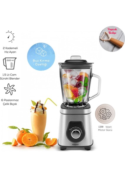 Smothiler, Milkshakeler, Sebze Suları Buz Kırıcı 1,5 Lt Cam Hazneli Smoothie Blender 1200WAAT Güç Inox Gövde