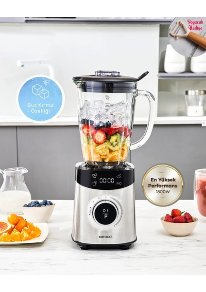 1800W Yüksek Güçlü Inox Gövdeli Buz Kırıcı 1,8lt Ultra Geniş Cam Hazne Dijital Ekranlı Smoothie Blender