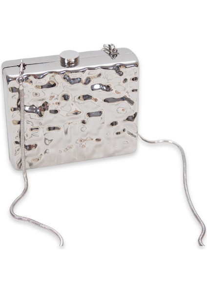 Vera Gümüş Renk Clutch, Metal Parlak El Çantası, Silver Portföy Çanta