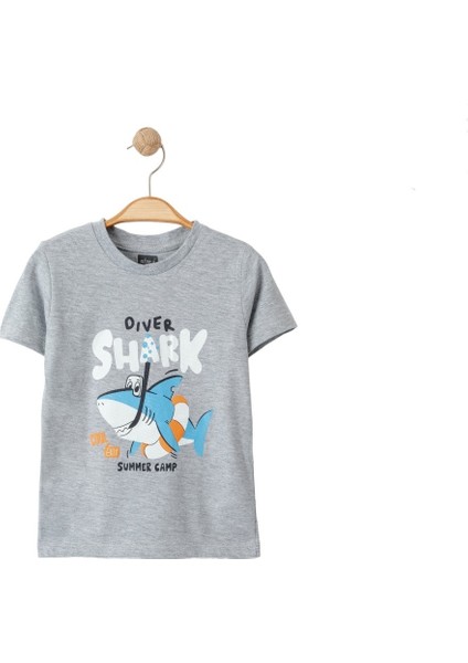 Erkek Çocuk Mini Diver Shark Baskılı Gri Tshirt