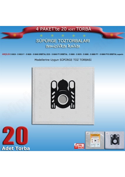 Arçelik S 6810 - S 6810 Y - S 6820 - S 6840 Orbital Eco - S 6840 Py Orbital - S 6860 - S 6870 - S 6880 - S 6880 Py - S 6880 Pys Orbital Superio Uygun 20 Adet Süpürge Toz Torbası 200220