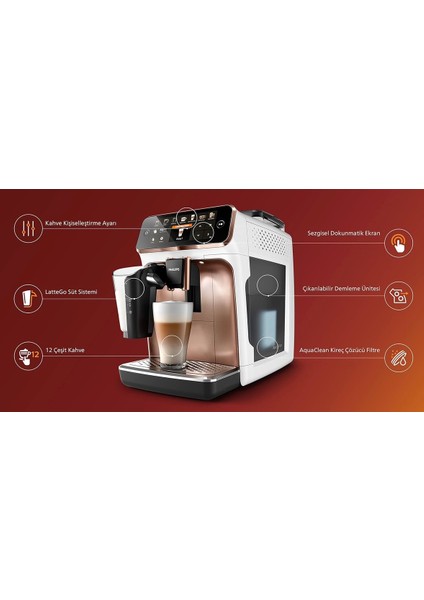 Lattego Tam Otomatik Premium 12 Farklı Kahve Krom-Beyaz Kahve ve Espresso Makinesi +Luciole Lambader