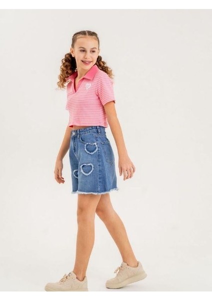 Kız Çocuk Kalp Işlemeli Denim Şort