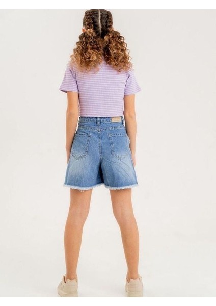 Kız Çocuk Kalp Işlemeli Denim Şort