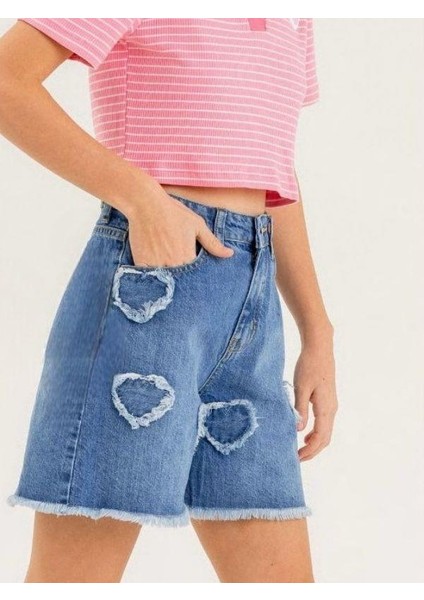 Kız Çocuk Kalp Işlemeli Denim Şort