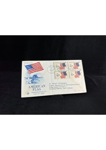 4th July 1960 Fdc Ilk Gün Zarfı 50 Yıldız Amerikan Bayraklı Dörtlü Block Pullu Air Mail Uçak Postası
